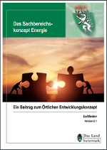 Titelseite eines Leitfadens zum Thema Energie mit Puzzle-Motiv und Sonnenaufgang.