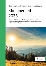 Titelblatt des Klimaberichts 2025 der KESS 2030. Unter dem Titel und Untertitel ist ein Bild des steirischen Berg- und Hügellandes vor der tiefstehenden Sonne.